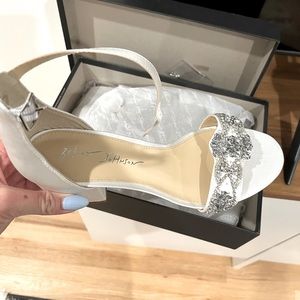 New Betsey Johnson wedding/bridal heels. Satin white with silver embellishments.